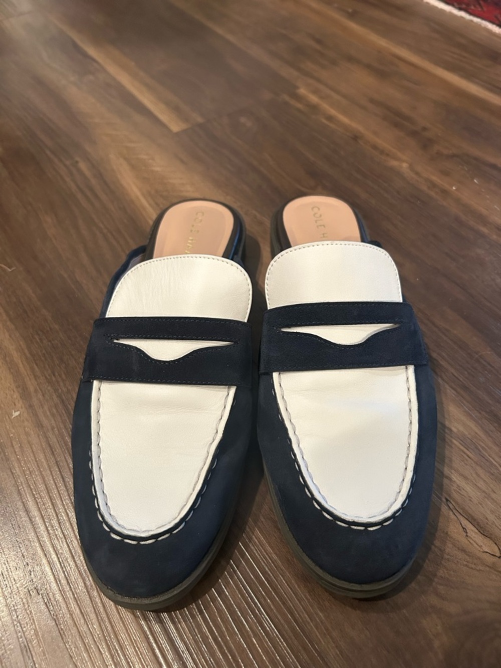 Cole Haan Navy Suede and White Leather Penny Loafer Mules